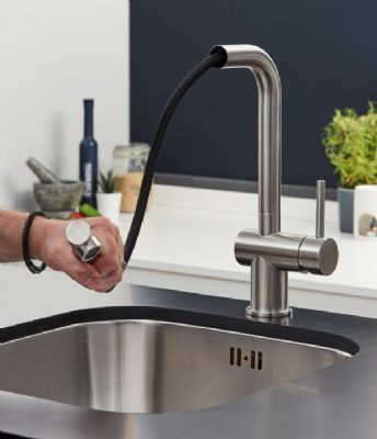 EVO INGLETON BRUSHED NICKEL FLEXIBLE PULL OUT MONO SINGLE SIDE LEVER KITCHEN SINK MIXER TAP with L SHAPED SWIVEL SPOUT, KTAP015BN EVO INGLETON BRUSHED NICKEL FLEXIBLE PULL OUT MONO SINGLE SIDE LEVER KITCHEN SINK MIXER TAP with L SHAPED SWIVEL SPOUT, KTAP015BN